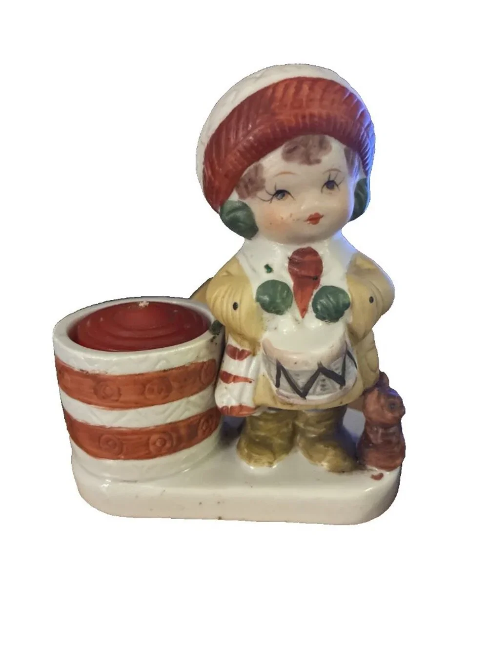 Vintage Christmas Girl Candle Holder Figurine Drum Squirrel Retro Cottagecore